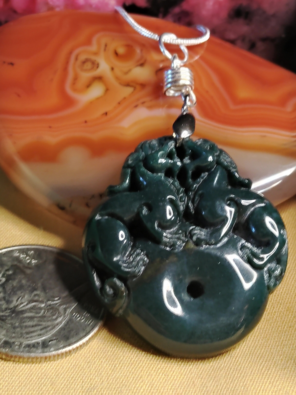 📌JADE YEAR OF THE RABBIT NECKLACE.18-30" 💯SOLID STERLING SILVER, COILED BAIL.